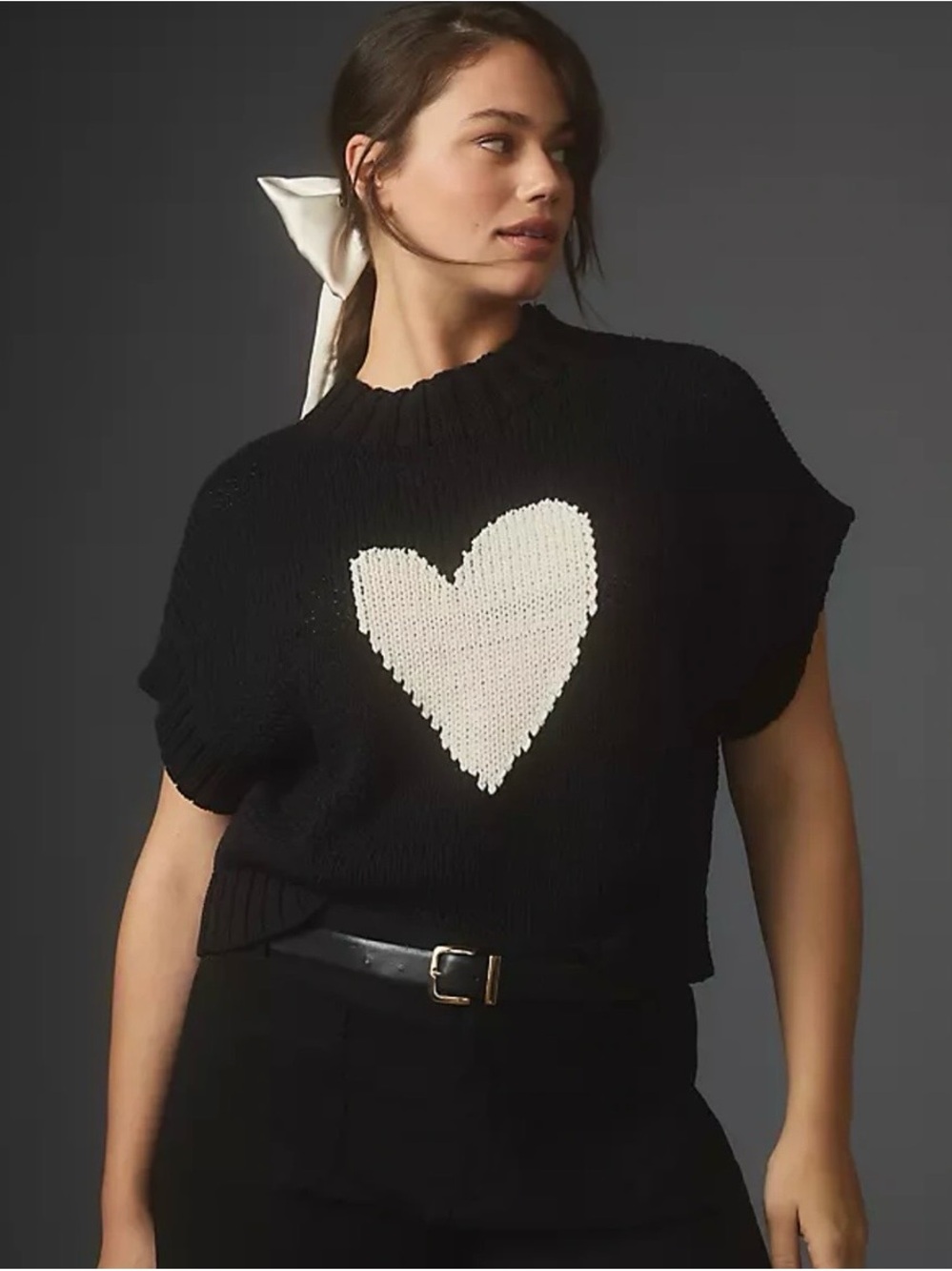 Maeve Black Short Sleeve Knit Sweater with White Heart